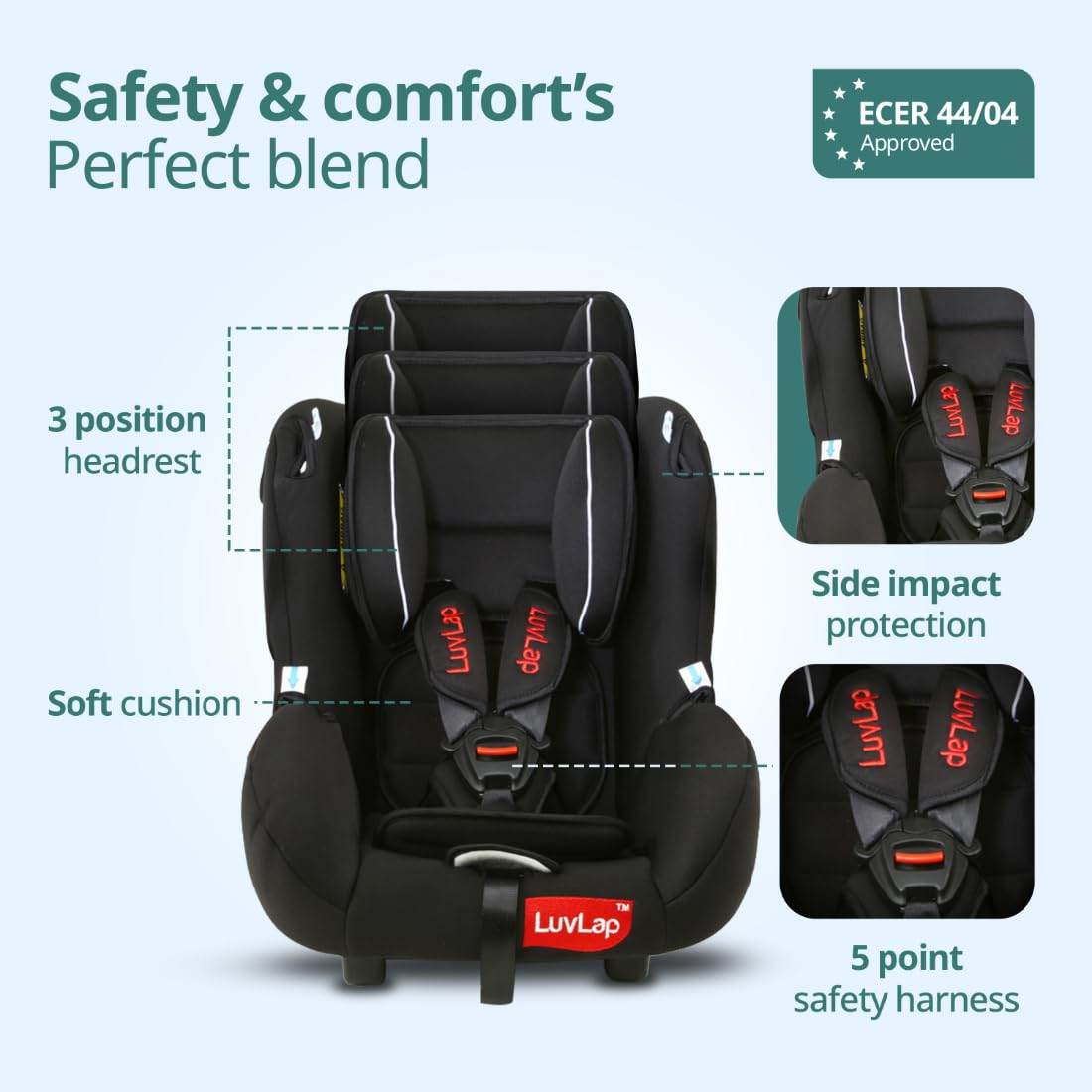 LuvLap 4-in-1 Convertible Baby Car Seat – Carry Cot, Rocker & Feeding Chair with Canopy & 5-Point Harness, for 0–15 Months, Up to 13 kg (Black) - Timbuktoon
