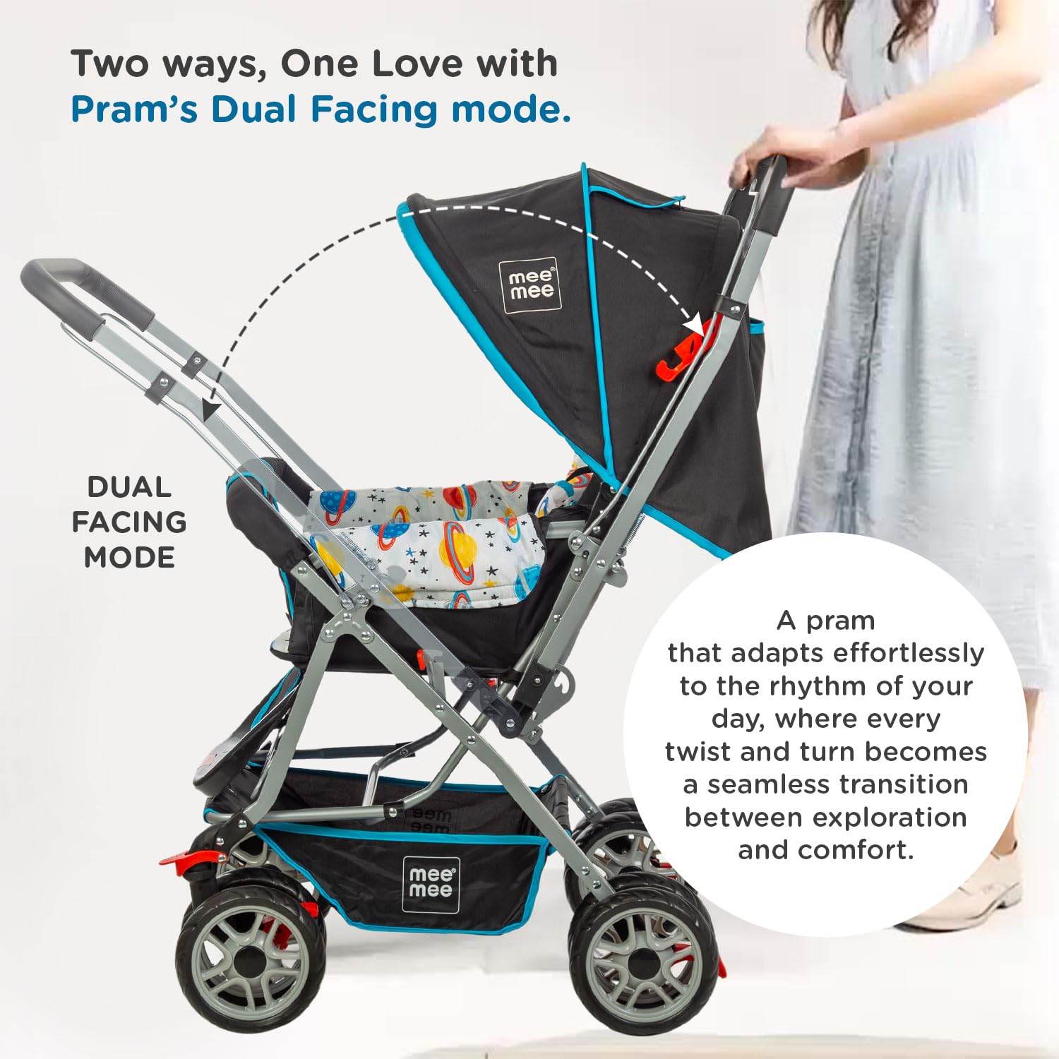 Mee Mee Little Explorer Advanced Infant Pram & Pushchair – Suitable for Newborn to 3 Years, Secure Harness, Adjustable Recline, All-Direction Wheels, Large Under-Seat Basket, Reversible Grip, Net Cover (DX Blue) - Timbuktoon