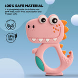Baybee Silicone Baby Teether for Teething Gums | Manhattan Teething Rattle Toy with Loops Ring | 100% Food-Grade, BPA-Free Chew Teether for Infants (6–12 Months, Dinosaur Pink)