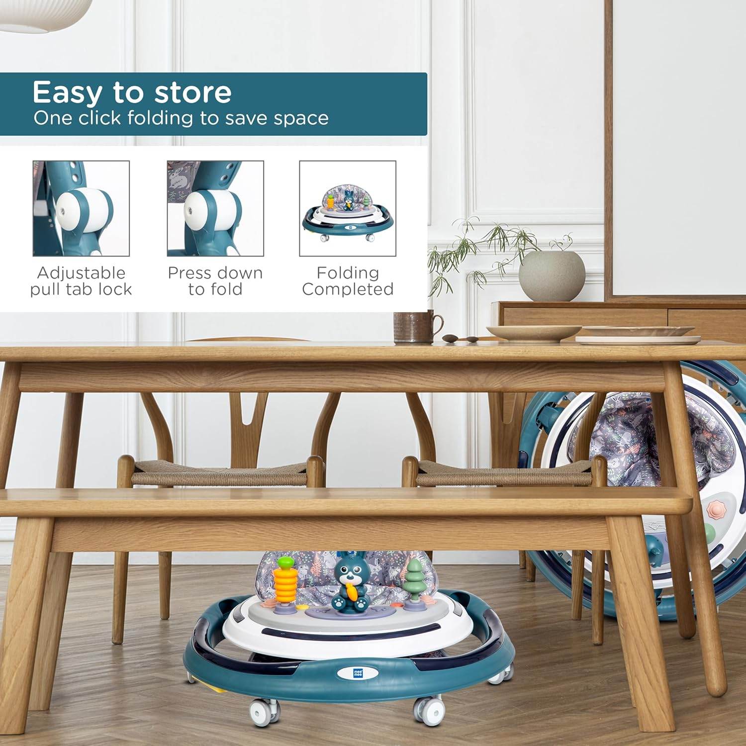 Mee Mee Premium Adjustable Baby Walker – 7 Height Levels, Removable Foot Mat, Musical Play Tray, Cushioned High Backrest, 360° Swivel, 6–24 Months, Up to 15 kg (Blue) - Timbuktoon