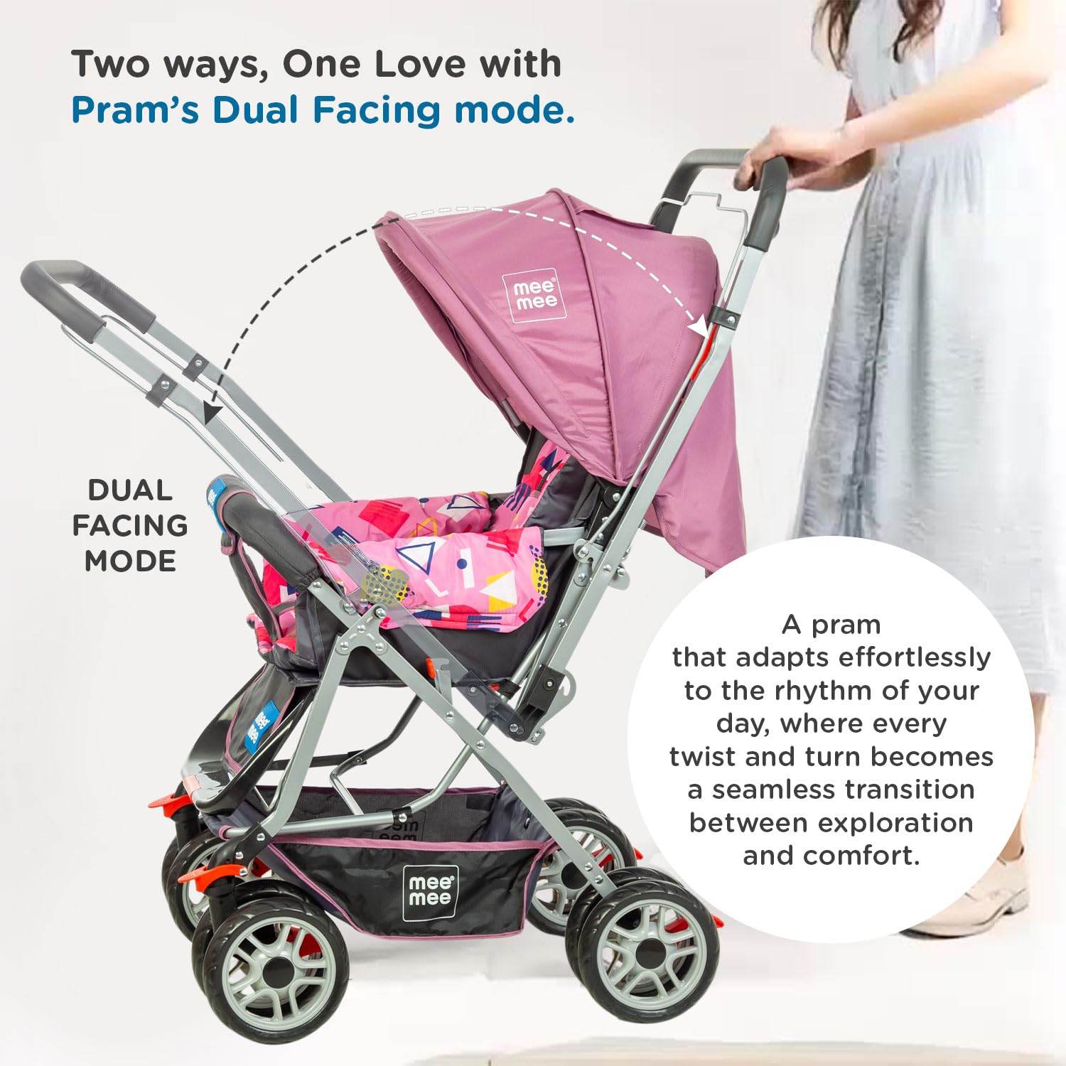 Mee Mee Little Explorer Premium Baby Stroller / Pram – 0 to 3 Years, Infant/Toddler, 5-Point Safety Belt, Reclining Seat, 360° Swivel Wheels, Spacious Storage Basket, Two-Way Handle, Mosquito Net (DX Purple) - Timbuktoon