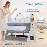 Mee Mee 2-in-1 Wooden Baby Swing & Cot – Convertible Bassinet with Mosquito Net, Mattress Pad & Lockable Wheels – Suitable for Newborn to 18 Months – 15 kg Capacity (Grey) - Timbuktoon