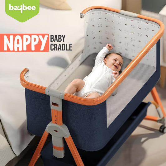 BAYBEE 3-in-1 Baby Bedside Crib Cradle with 6 Height Adjustments | Portable Bedside Bassinet with Storage Tray, Rocker Function & Wheels | Travel Crib Cot for Baby (Clorah Blue)