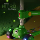 Leotoon Nitro Kick Scooter for Kids | 3-Height Adjustable Aluminium Alloy Scooter with Seat, Lean-to-Steer Technology, Rear Fender Brake, Anti-Slip Deck & Quick Folding | 3 LED PU Wheels (Green, 3–8 Years)