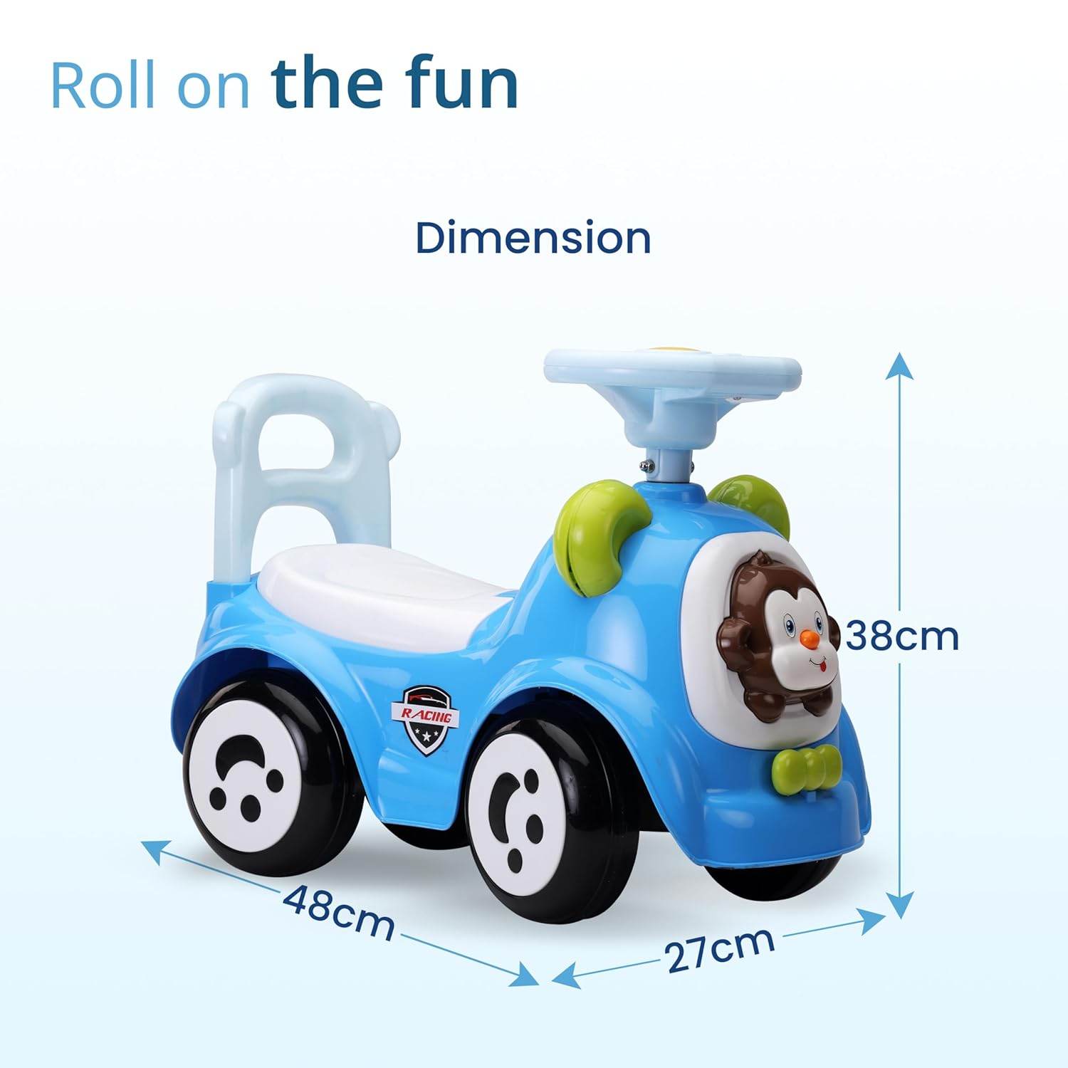 LuvLap Sunny Baby Push Ride-On – Musical Car with Steering Horn, Protective Rails, Seat Storage & Large Wheels (Blue) - Timbuktoon