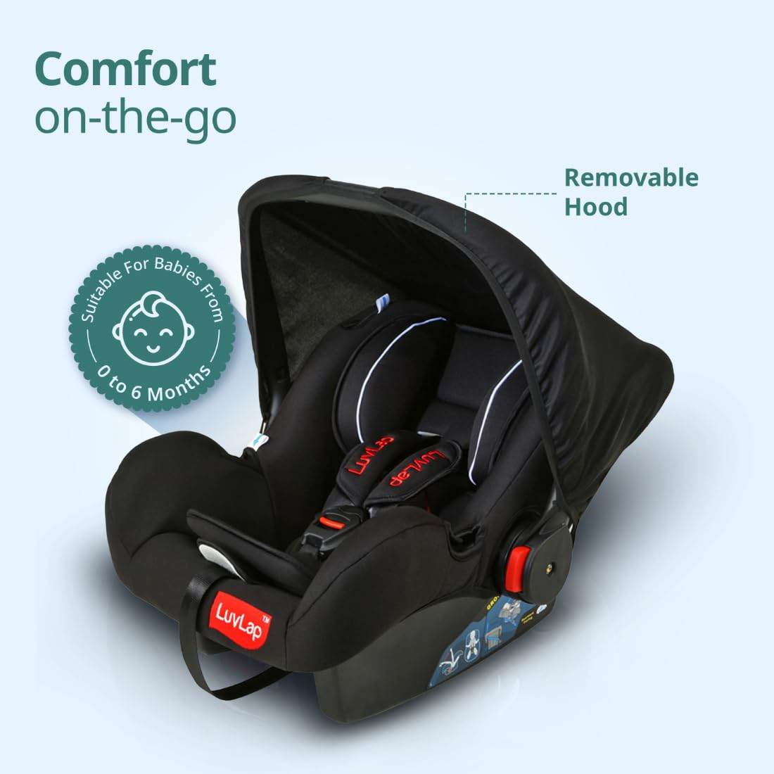LuvLap 4-in-1 Convertible Baby Car Seat – Carry Cot, Rocker & Feeding Chair with Canopy & 5-Point Harness, for 0–15 Months, Up to 13 kg (Black) - Timbuktoon