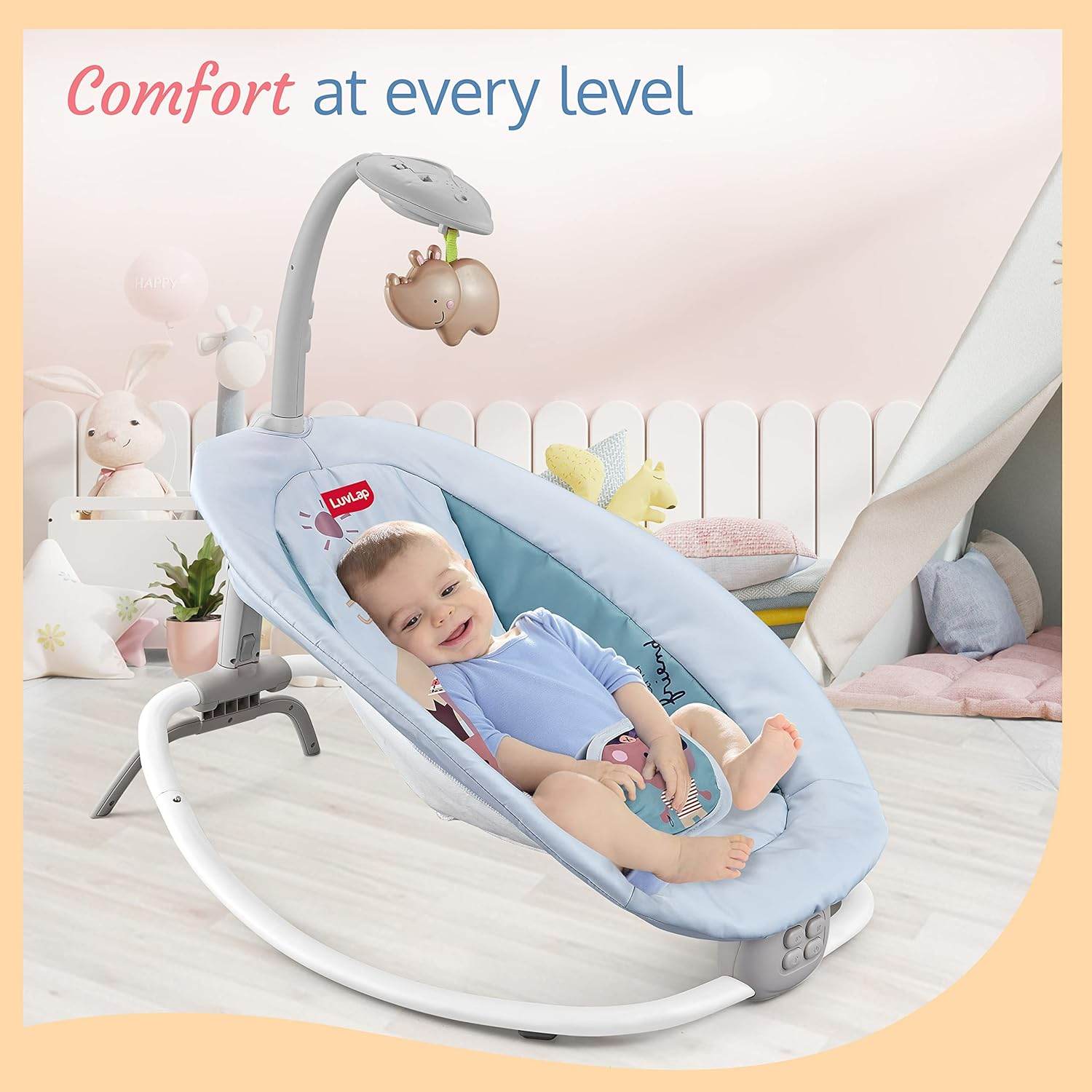 LuvLap Joy-N-Giggles Infant Rocker – Gentle Vibration, Soft Music, Rotating Toy Bar & Remote Control, 3-Point Harness (Grey) - Timbuktoon