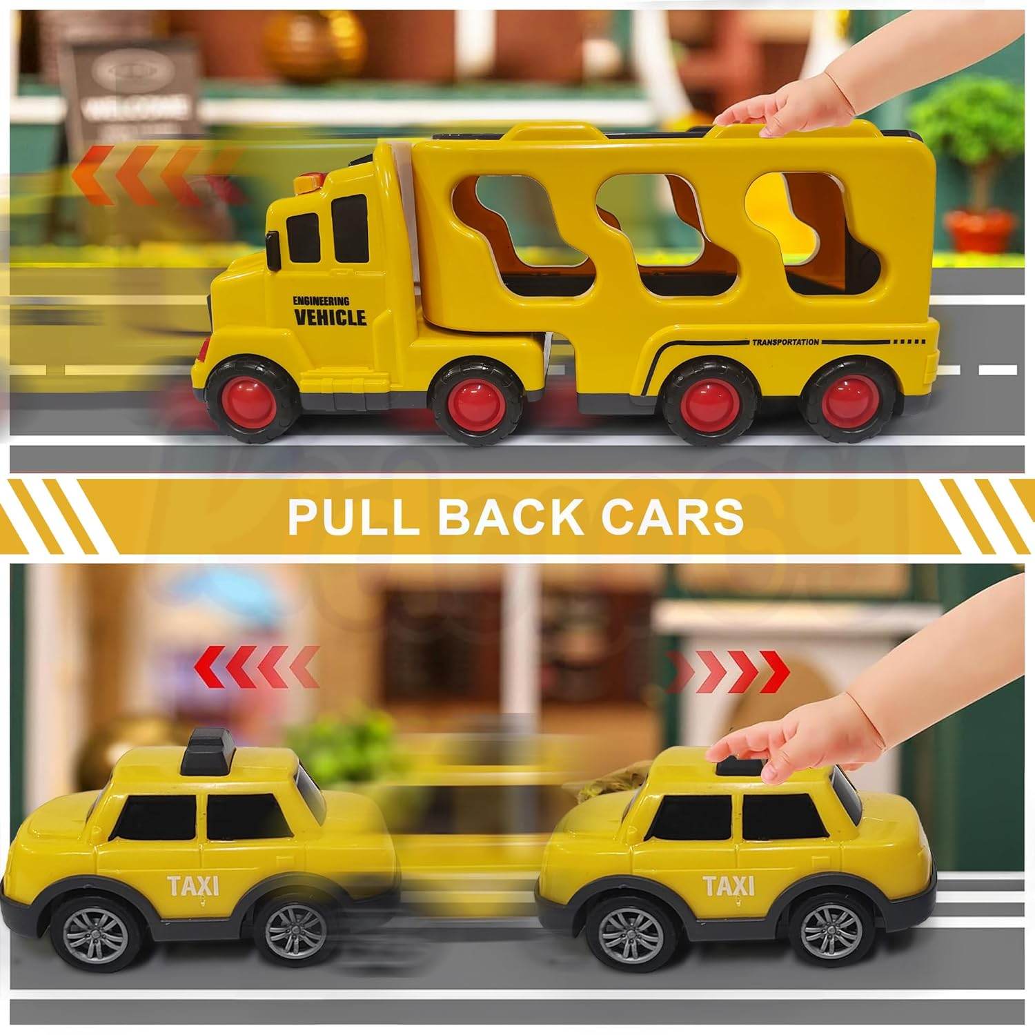 5-in-1 Vehicle Carrier Toy Set – Transport Truck with Pull-Back Cars, Helicopter & Lights/Sounds – Durable ABS Playset for Kids Aged 3+ - Timbuktoon