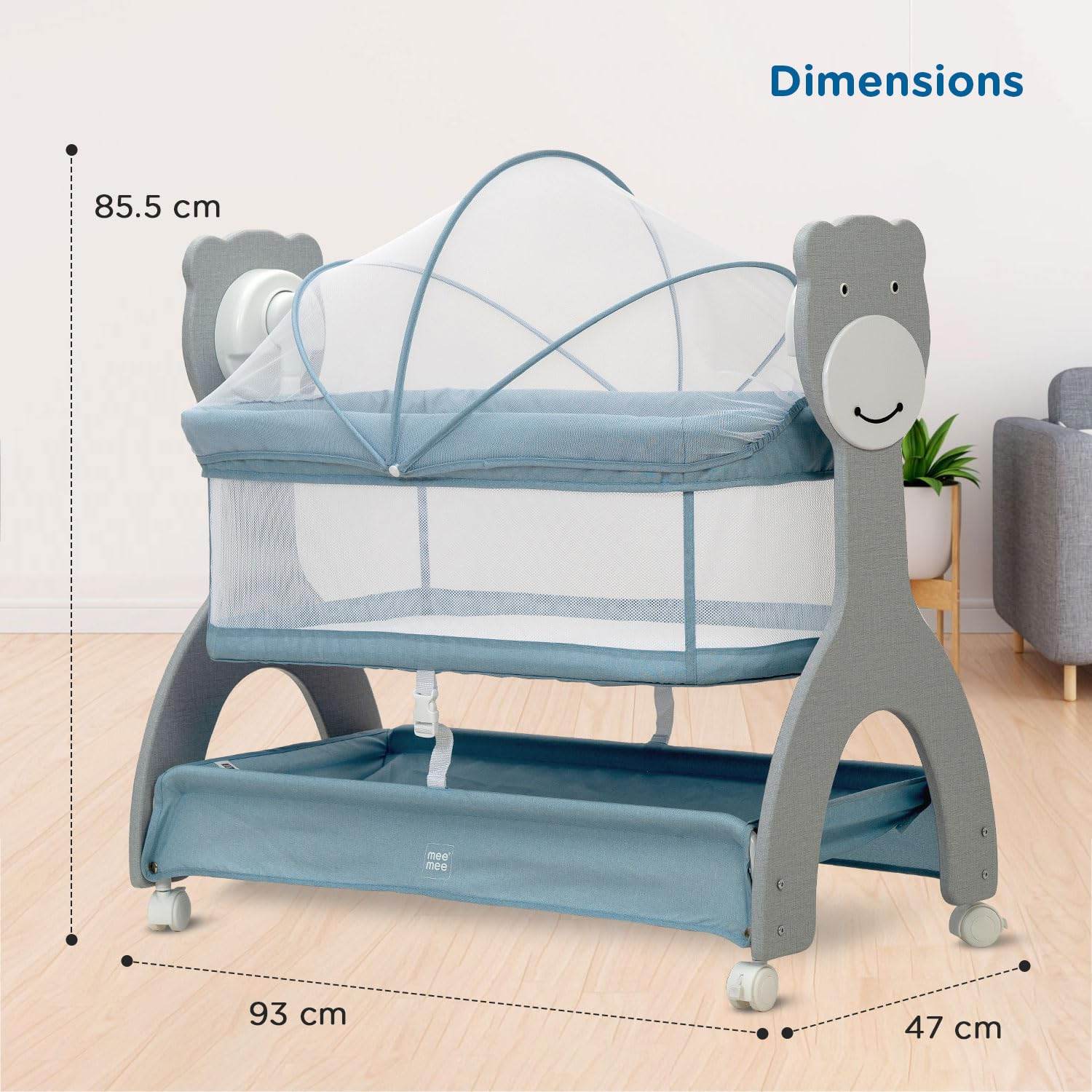 Mee Mee Sweet Love Auto-Swing Baby Cot – 3-Speed Remote Controlled Electric Cradle with Mosquito Cover & Toy Mobile, Lightweight Design, Up to 15 kg (Blue) - Timbuktoon