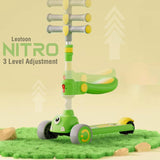 Leotoon Nitro Kick Scooter for Kids | 3-Height Adjustable Aluminium Alloy Scooter with Seat, Lean-to-Steer Technology, Rear Fender Brake, Anti-Slip Deck & Quick Folding | 3 LED PU Wheels (Green, 3–8 Years)
