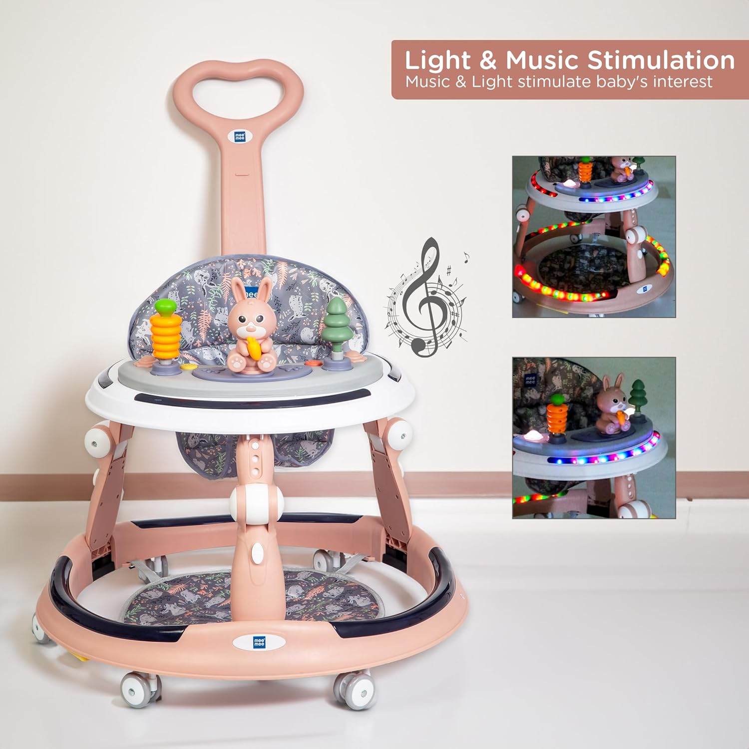 Mee Mee Premium Adjustable Baby Walker – 7 Height Levels, Detachable Foot Mat, Musical Play Tray, Cushioned High Backrest, 360° Swivel Wheels, 6–24 Months, Up to 15 kg (Pink) - Timbuktoon