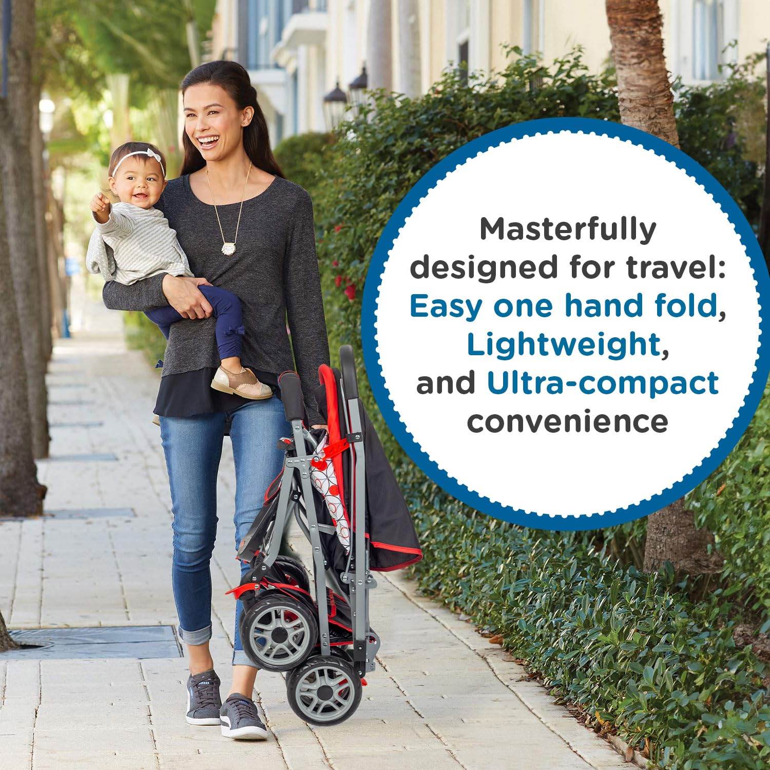 Mee Mee Little Explorer Premium Baby Stroller / Pram – 0 to 3 Years, Infant/Toddler, 5-Point Safety Belt, Reclining Seat, 360° Swivel Wheels, Spacious Storage Basket, Two-Way Handle, Mosquito Net (Dotted Red) - Timbuktoon