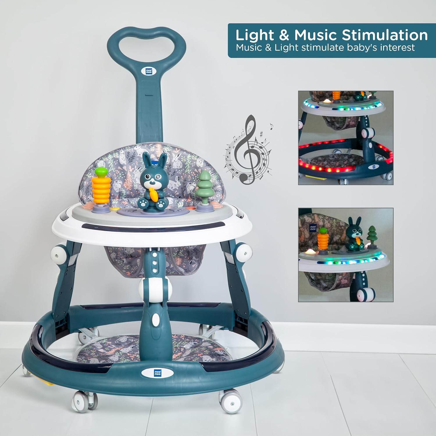 Mee Mee Premium Adjustable Baby Walker – 7 Height Levels, Removable Foot Mat, Musical Play Tray, Cushioned High Backrest, 360° Swivel, 6–24 Months, Up to 15 kg (Blue) - Timbuktoon