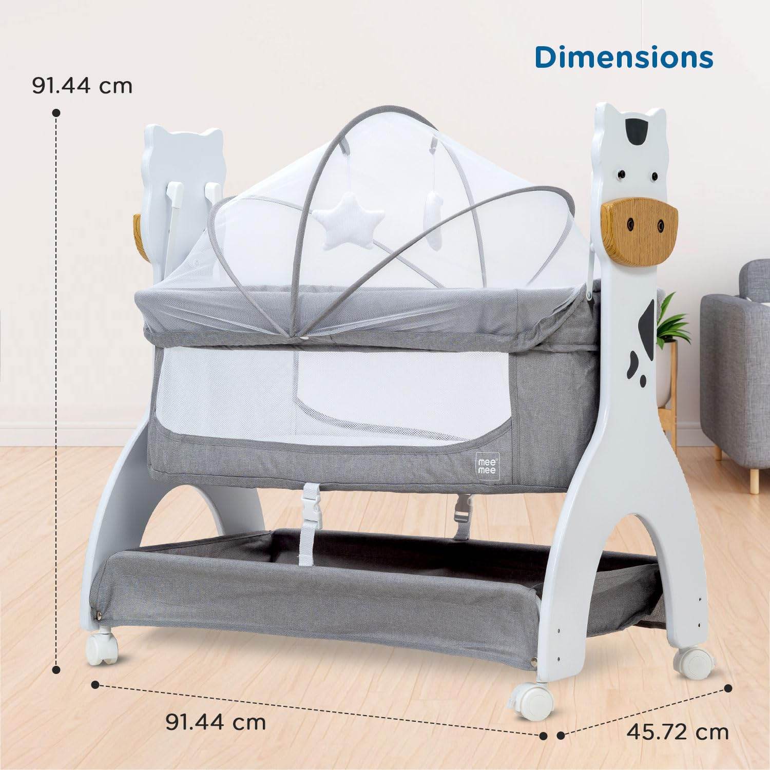Mee Mee 2-in-1 Wooden Baby Swing & Cot – Convertible Bassinet with Mosquito Net, Mattress Pad & Lockable Wheels – Suitable for Newborn to 18 Months – 15 kg Capacity (Grey) - Timbuktoon