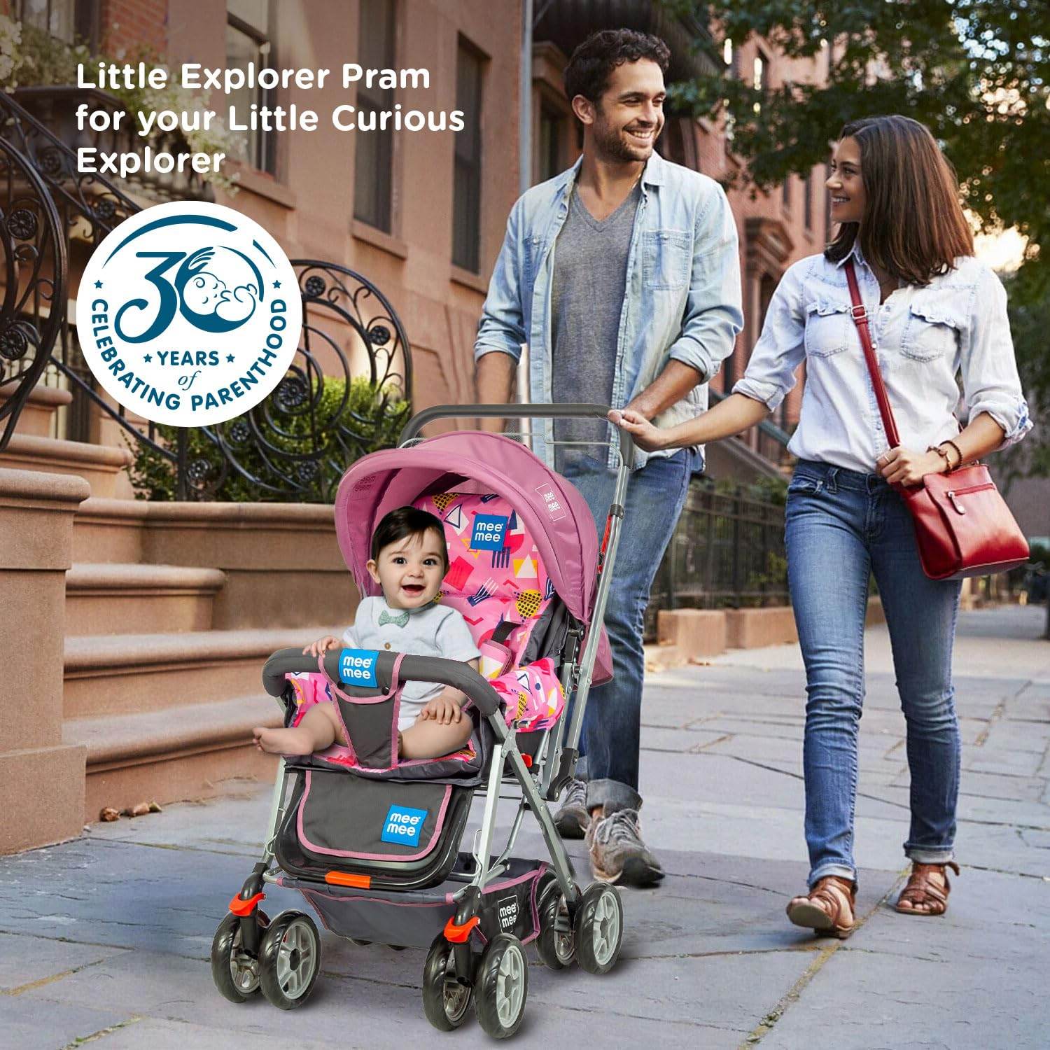 Mee Mee Little Explorer Premium Baby Stroller / Pram – 0 to 3 Years, Infant/Toddler, 5-Point Safety Belt, Reclining Seat, 360° Swivel Wheels, Spacious Storage Basket, Two-Way Handle, Mosquito Net (DX Purple) - Timbuktoon