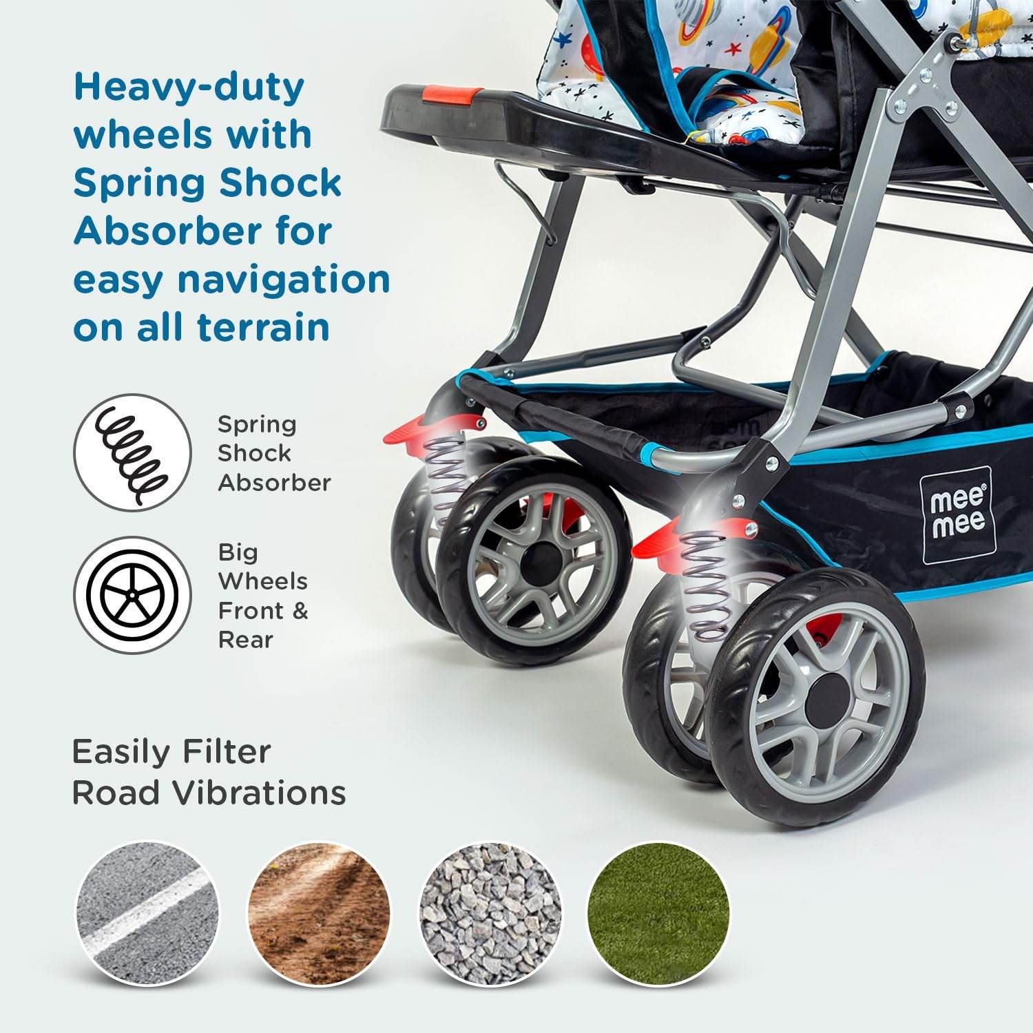 Mee Mee Little Explorer Advanced Infant Pram & Pushchair – Suitable for Newborn to 3 Years, Secure Harness, Adjustable Recline, All-Direction Wheels, Large Under-Seat Basket, Reversible Grip, Net Cover (DX Blue) - Timbuktoon