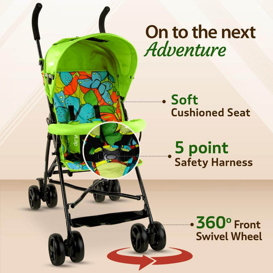 LuvLap Tutti Fruti Stroller for 6–36 Months – Portable & Foldable Baby Pram with Safety Belt, Recliner Seat & Sunshade (Green) - Timbuktoon