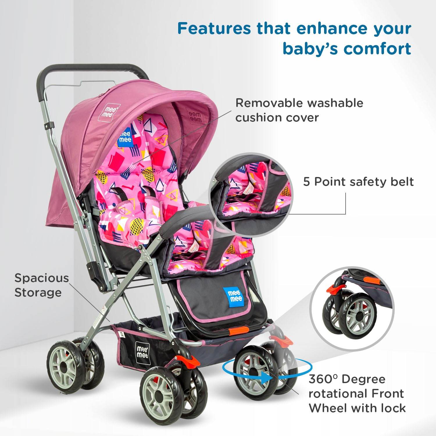 Mee Mee Little Explorer Premium Baby Stroller / Pram – 0 to 3 Years, Infant/Toddler, 5-Point Safety Belt, Reclining Seat, 360° Swivel Wheels, Spacious Storage Basket, Two-Way Handle, Mosquito Net (DX Purple) - Timbuktoon