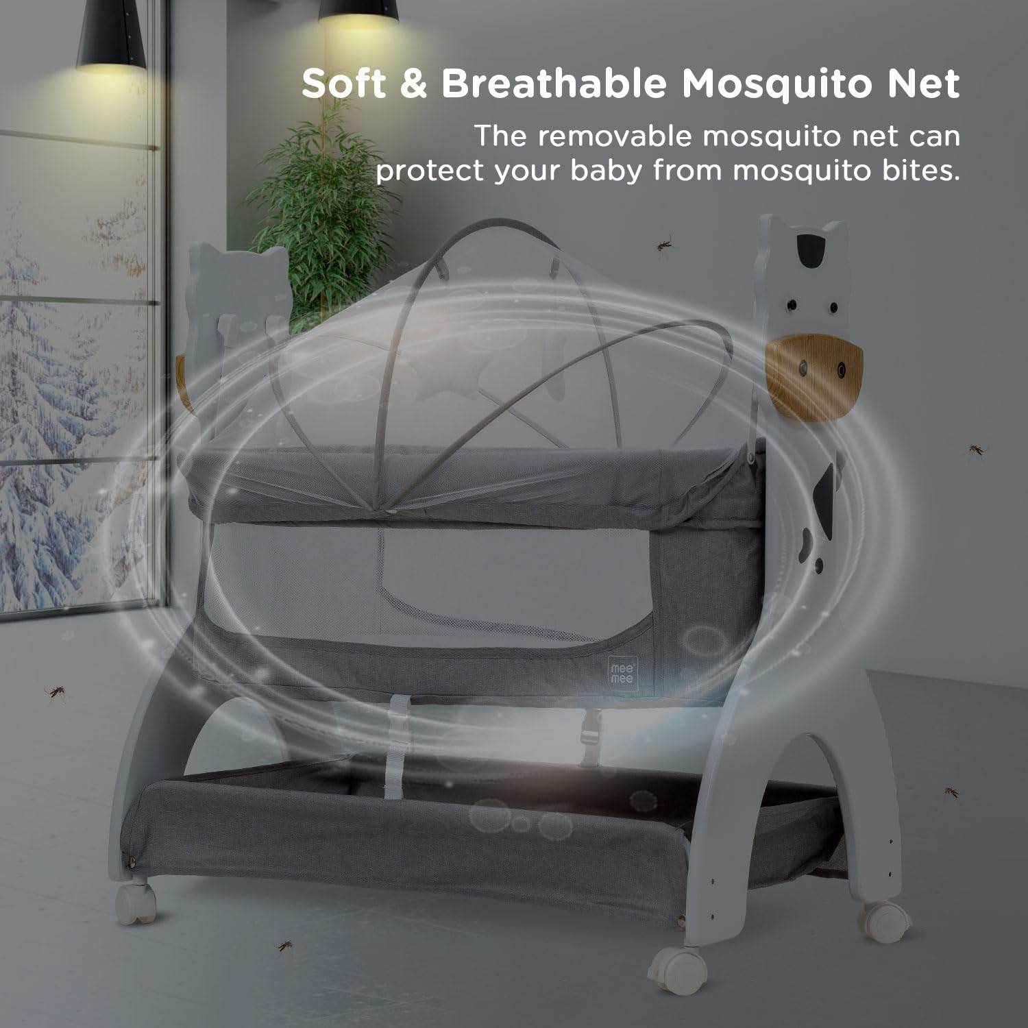 Mee Mee 2-in-1 Wooden Baby Swing & Cot – Convertible Bassinet with Mosquito Net, Mattress Pad & Lockable Wheels – Suitable for Newborn to 18 Months – 15 kg Capacity (Grey) - Timbuktoon