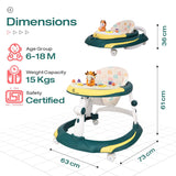 R for Rabbit Little Feet Plus Baby Walker with Rocker | 3-Level Height & 4-Level Seat Adjustment | with Detachable Recreational Toy Bar | for Babies 6–18 Months, Up to 15 kg (Green Yellow)