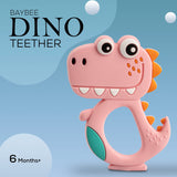 Baybee Silicone Baby Teether for Teething Gums | Manhattan Teething Rattle Toy with Loops Ring | 100% Food-Grade, BPA-Free Chew Teether for Infants (6–12 Months, Dinosaur Pink)
