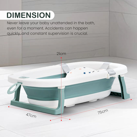 Baybee Foldable Baby Bath Tub for Kids 0-5 Years | Portable Bathtub with Anti-Skid Base, Support Cushion & Drain Plug | Mini Swimming Pool for Newborns, Boys & Girls (Green)