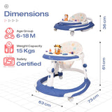 R for Rabbit Little Feet Plus Baby Walker with Rocker | 3-Level Height & 4-Level Seat Adjustment | With Detachable Toy Bar & Rocking Function | for Babies 6–18 Months, Up to 15 kg (Blue White)