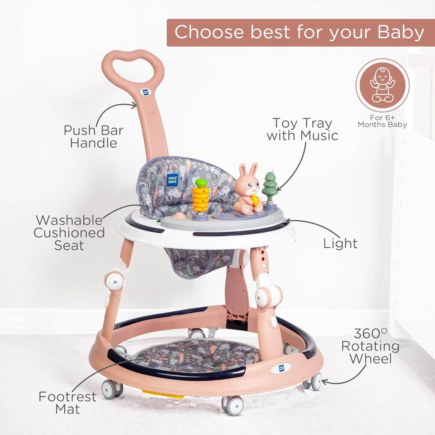 Mee Mee Premium Adjustable Baby Walker – 7 Height Levels, Detachable Foot Mat, Musical Play Tray, Cushioned High Backrest, 360° Swivel Wheels, 6–24 Months, Up to 15 kg (Pink) - Timbuktoon