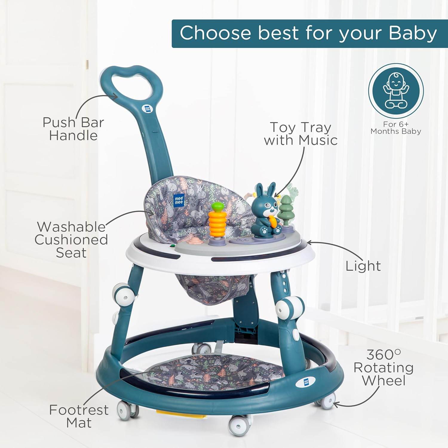 Mee Mee Premium Adjustable Baby Walker – 7 Height Levels, Removable Foot Mat, Musical Play Tray, Cushioned High Backrest, 360° Swivel, 6–24 Months, Up to 15 kg (Blue) - Timbuktoon