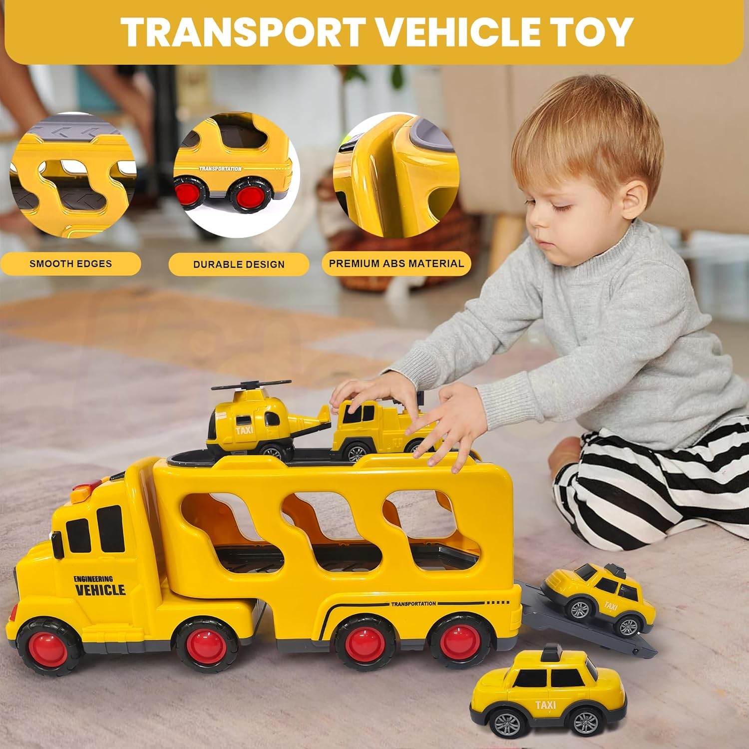 5-in-1 Vehicle Carrier Toy Set – Transport Truck with Pull-Back Cars, Helicopter & Lights/Sounds – Durable ABS Playset for Kids Aged 3+ - Timbuktoon