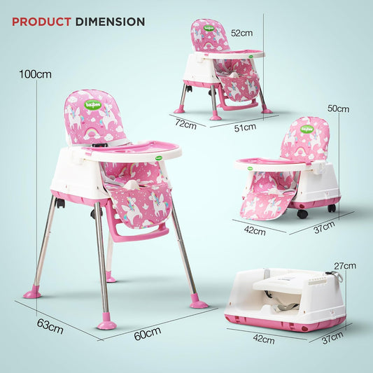 Baybee 4-in-1 Convertible High Chair for Kids | Foldable Baby Feeding Chair with Safety Harness, Adjustable Tray, Booster Seat & Recliner | Portable & Easy-to-Clean Dining Chair (Pink)