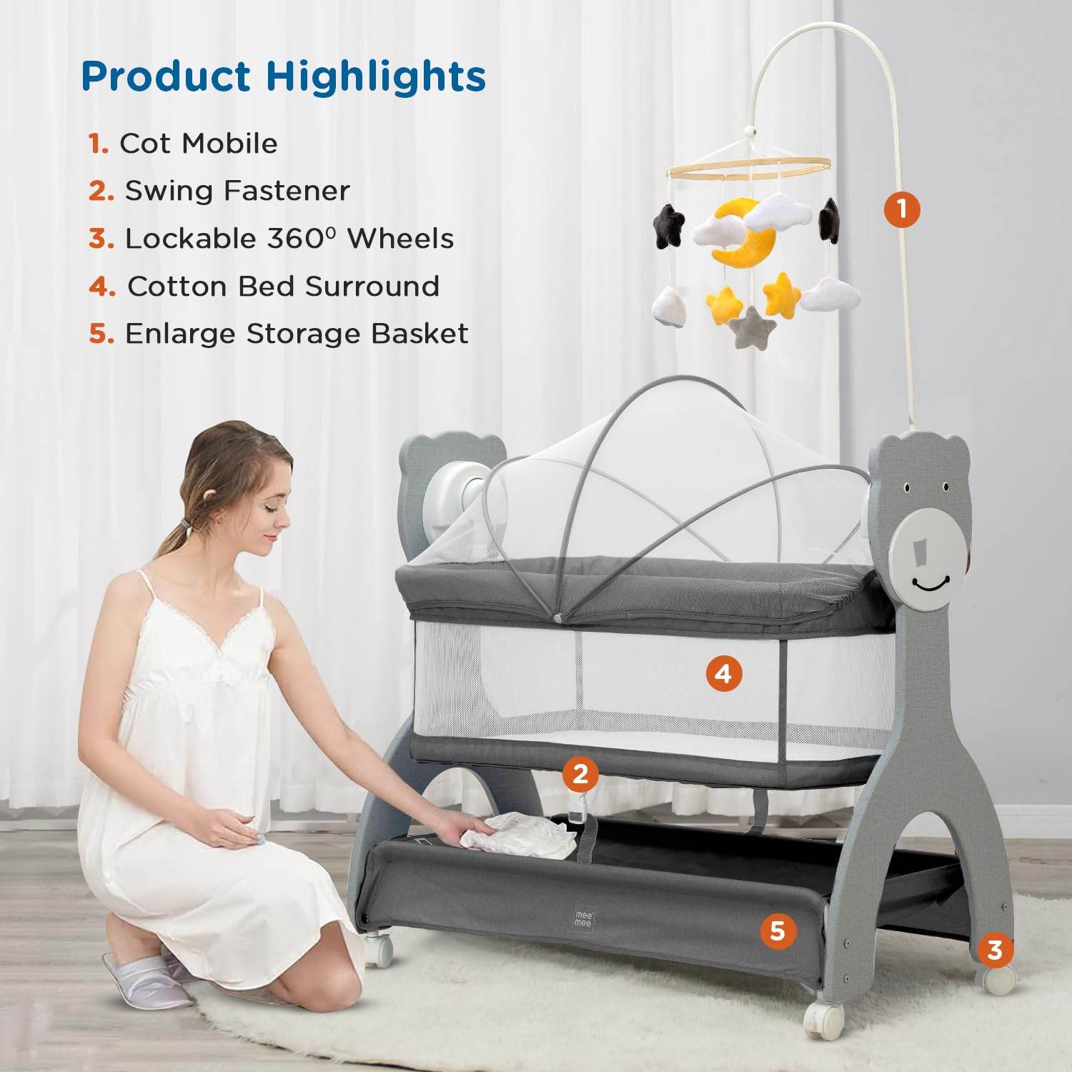 Mee Mee Sweet Love Electric Baby Swing Cradle – Remote Operated, 3-Level Swing Speeds, Portable Cot with Net & Cot Mobile, Suitable for Infants 0–1.5 Years (Grey) - Timbuktoon