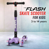 Baybee Flash Kids Kick Scooter | 3-Wheel Foldable Scooter with Adjustable Handlebar, LED PU Wheels & Rear Brake | Purple Skating Scooter for Kids Up to 75 Kg