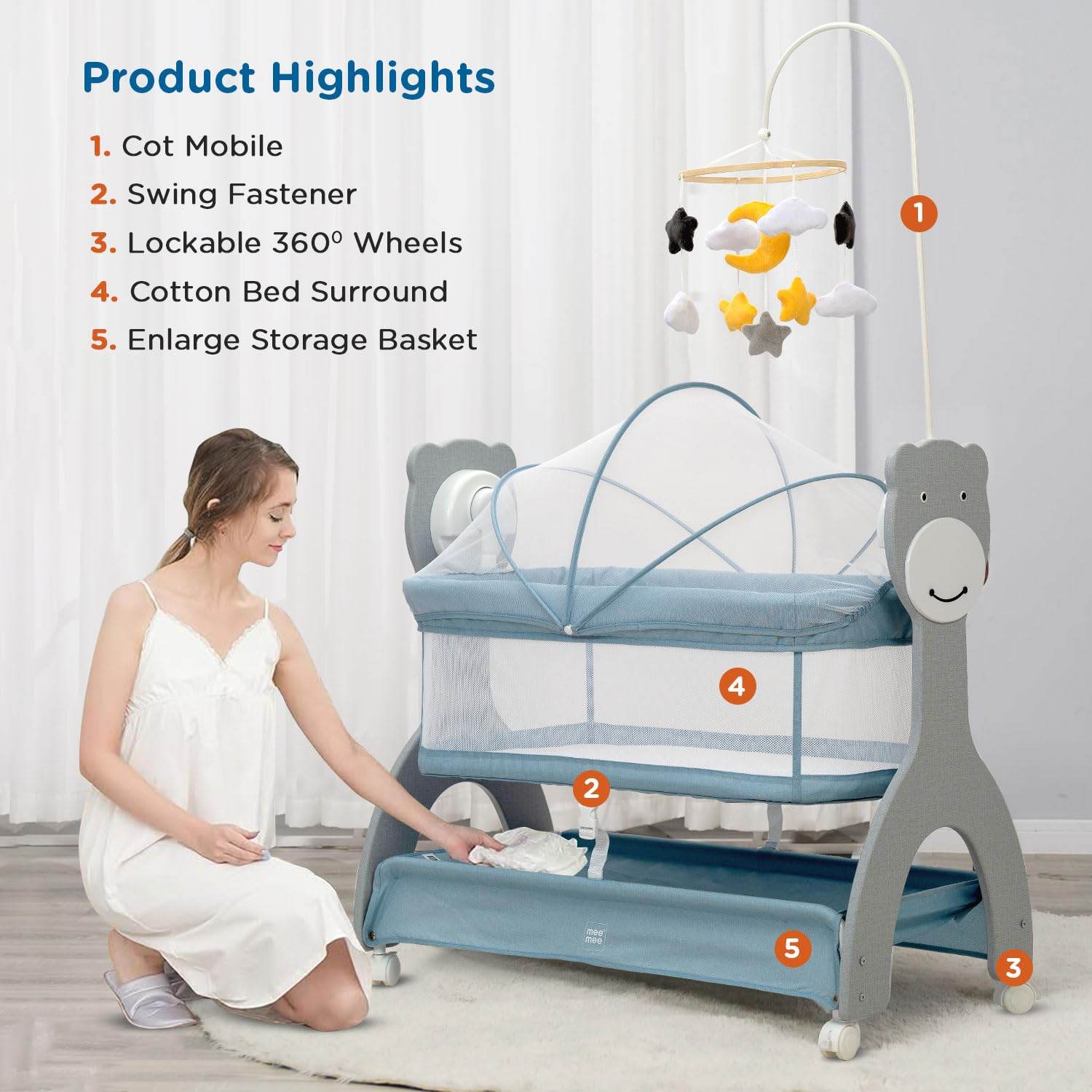 Mee Mee Sweet Love Auto-Swing Baby Cot – 3-Speed Remote Controlled Electric Cradle with Mosquito Cover & Toy Mobile, Lightweight Design, Up to 15 kg (Blue) - Timbuktoon