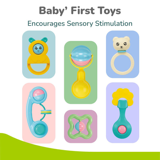 R for Rabbit Orapple Jingle Joy Baby Rattles Set | 6 Pcs Lightweight Infant Rattle Toys | BPA-Free, Non-Toxic, Safe Round Edges | Newborn Baby Toys (Multicolor)