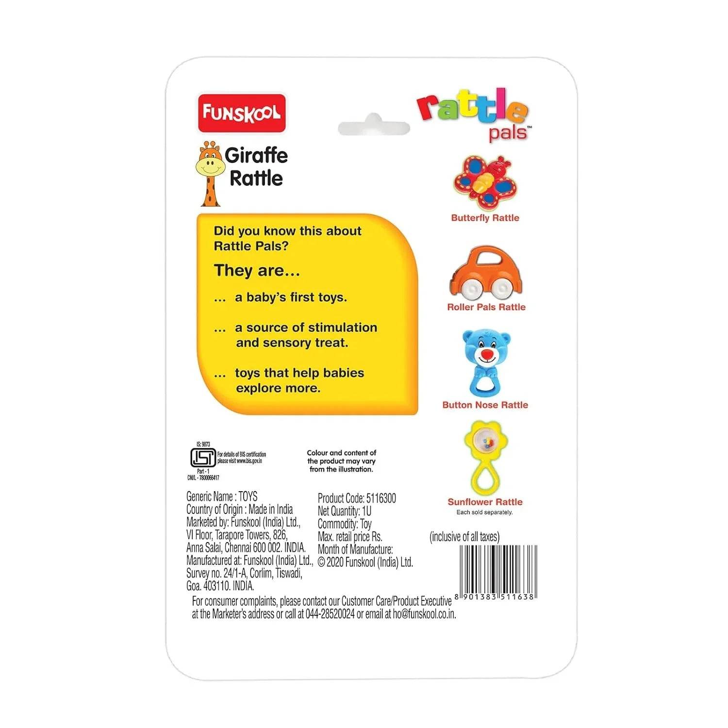 Funskool Giggles, Baby Giraffe Rattle , Colourful Animal rattle for New born baby, Stimulates Senses,Rattling sound, 6 months & above, Infant Toys - Timbuktoon