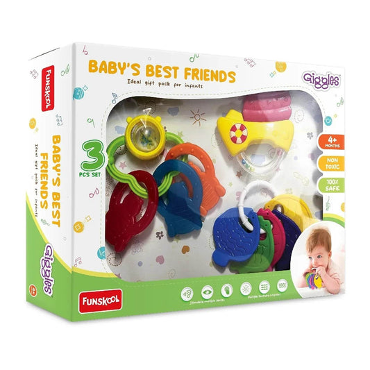 Giggles - Baby's Best Friend, Ideal Gift Pack for Infants, 3 pcs Set, Teethers and Rattles, Multi-Colour Baby Toy Gift Set for New Born, 4 Months and Above - Timbuktoon