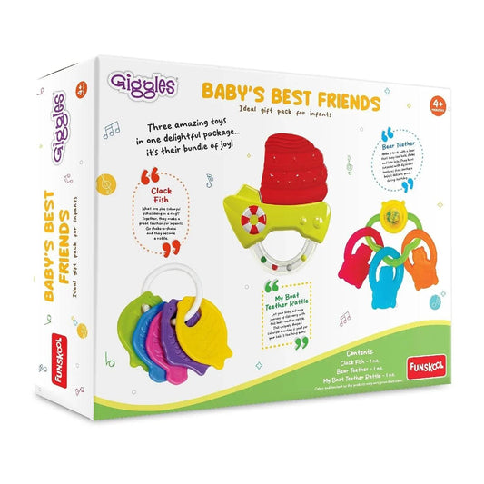 Giggles - Baby's Best Friend, Ideal Gift Pack for Infants, 3 pcs Set, Teethers and Rattles, Multi-Colour Baby Toy Gift Set for New Born, 4 Months and Above - Timbuktoon