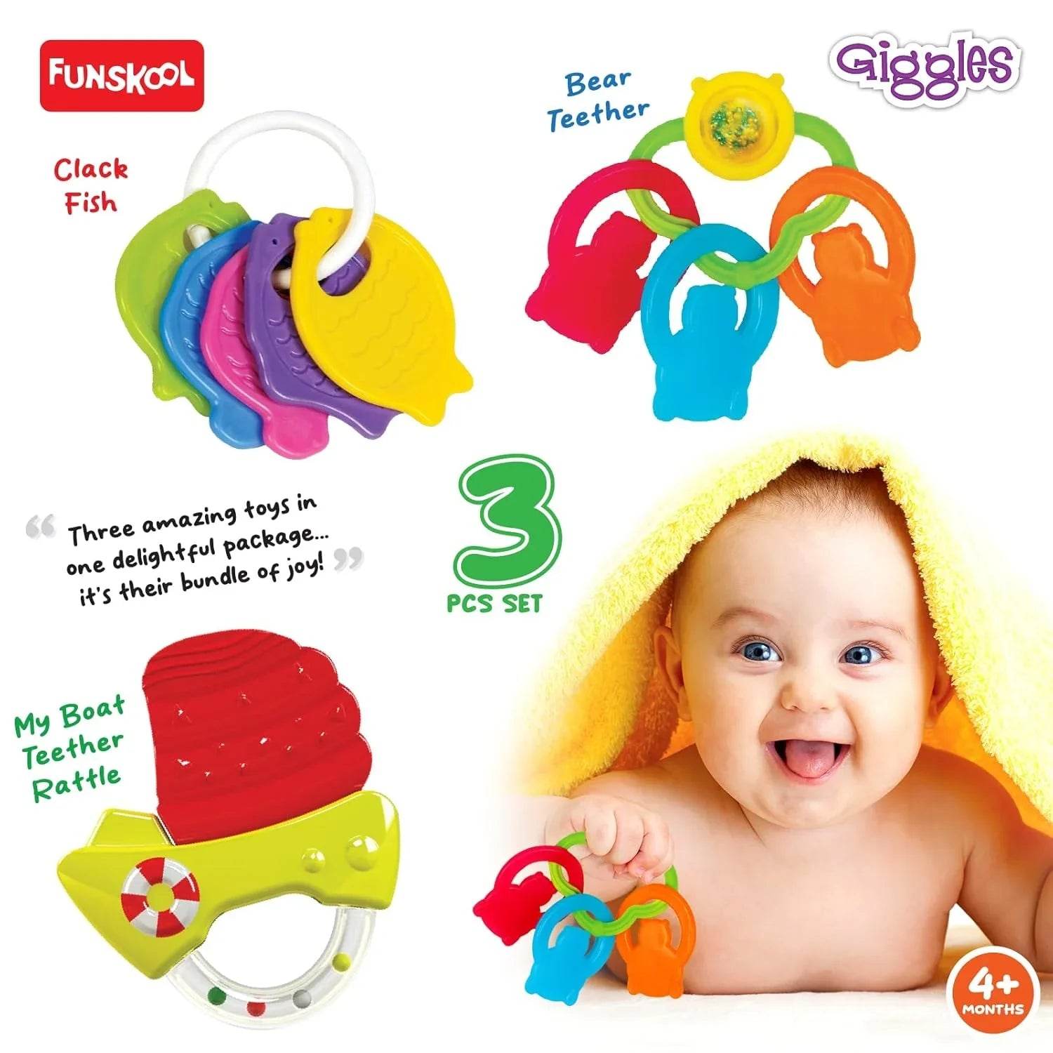Giggles - Baby's Best Friend, Ideal Gift Pack for Infants, 3 pcs Set, Teethers and Rattles, Multi-Colour Baby Toy Gift Set for New Born, 4 Months and Above - Timbuktoon