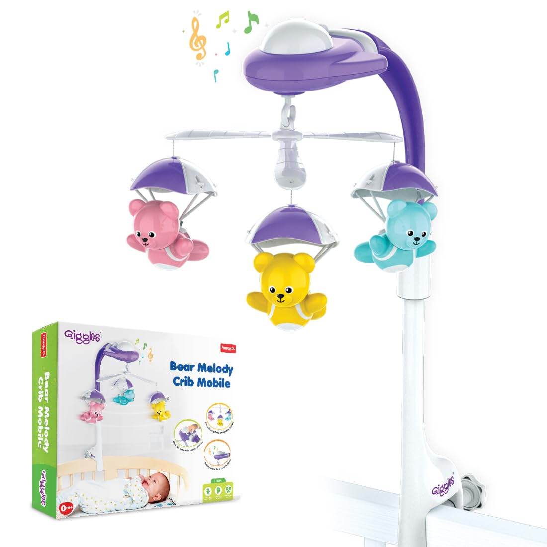 Giggles Funskool Bear Melody Crib Mobile, Soothing Music with Adorable Parachute Bears, Hanging Toy for Newborn Baby, Infants & Toddlers, Gift Set for Babies, Age 0+ Months - Timbuktoon