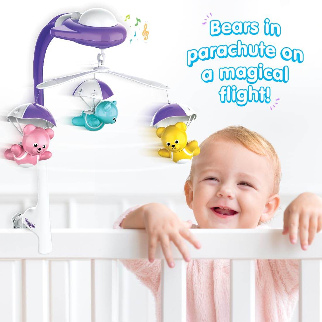 Giggles Funskool Bear Melody Crib Mobile, Soothing Music with Adorable Parachute Bears, Hanging Toy for Newborn Baby, Infants & Toddlers, Gift Set for Babies, Age 0+ Months - Timbuktoon