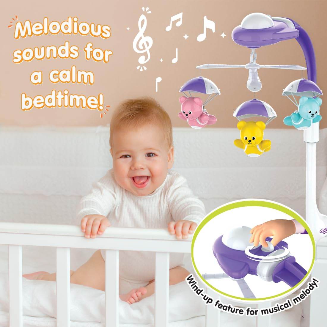 Giggles Funskool Bear Melody Crib Mobile, Soothing Music with Adorable Parachute Bears, Hanging Toy for Newborn Baby, Infants & Toddlers, Gift Set for Babies, Age 0+ Months - Timbuktoon