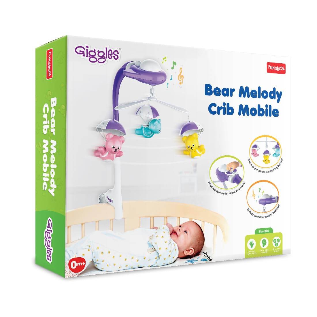 Giggles Funskool Bear Melody Crib Mobile, Soothing Music with Adorable Parachute Bears, Hanging Toy for Newborn Baby, Infants & Toddlers, Gift Set for Babies, Age 0+ Months - Timbuktoon