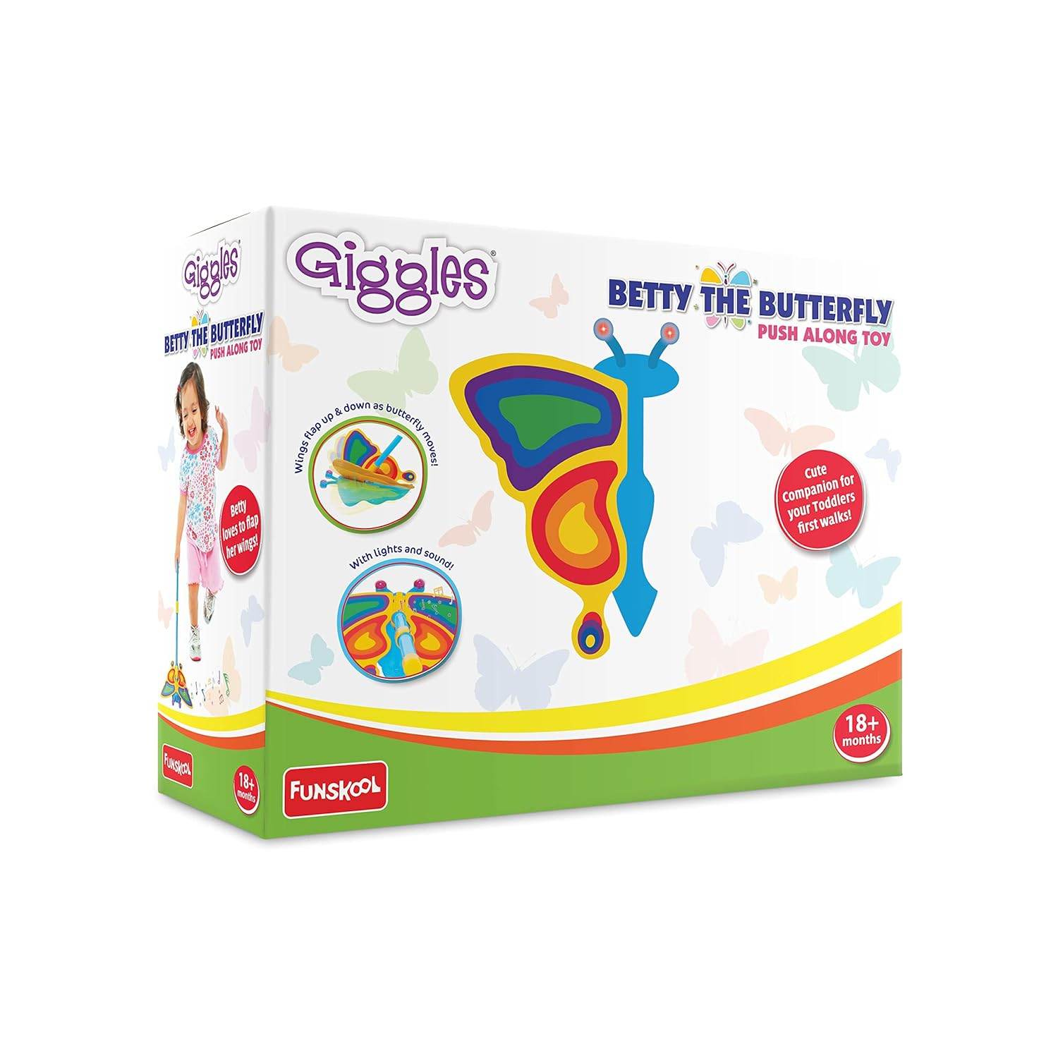 Giggles Funskool Betty The Butterfly, Educational Push Along Toys for Kids, Encourages Learning & Development, Fun Activity for Babies, Gift Set for Kid, Age 18+ Months - Timbuktoon