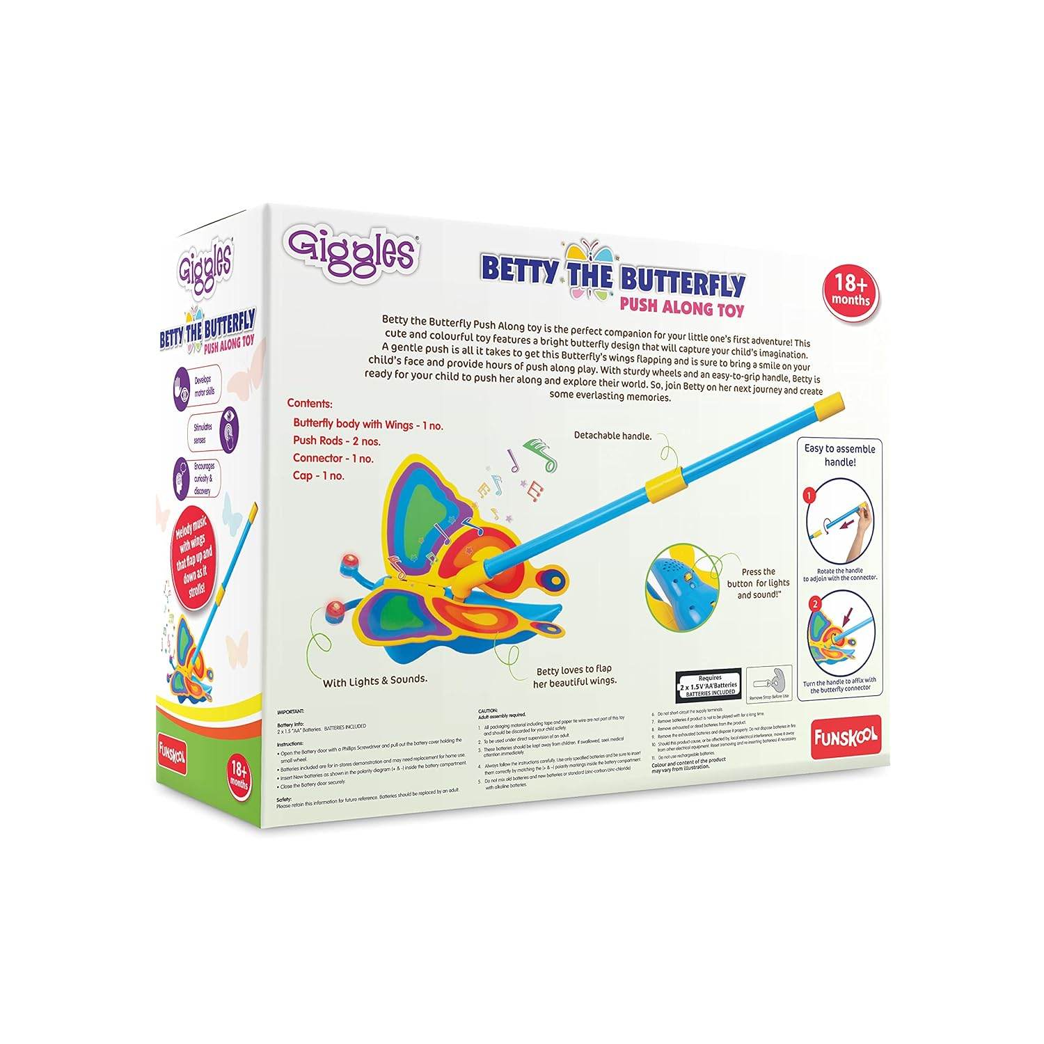 Giggles Funskool Betty The Butterfly, Educational Push Along Toys for Kids, Encourages Learning & Development, Fun Activity for Babies, Gift Set for Kid, Age 18+ Months - Timbuktoon
