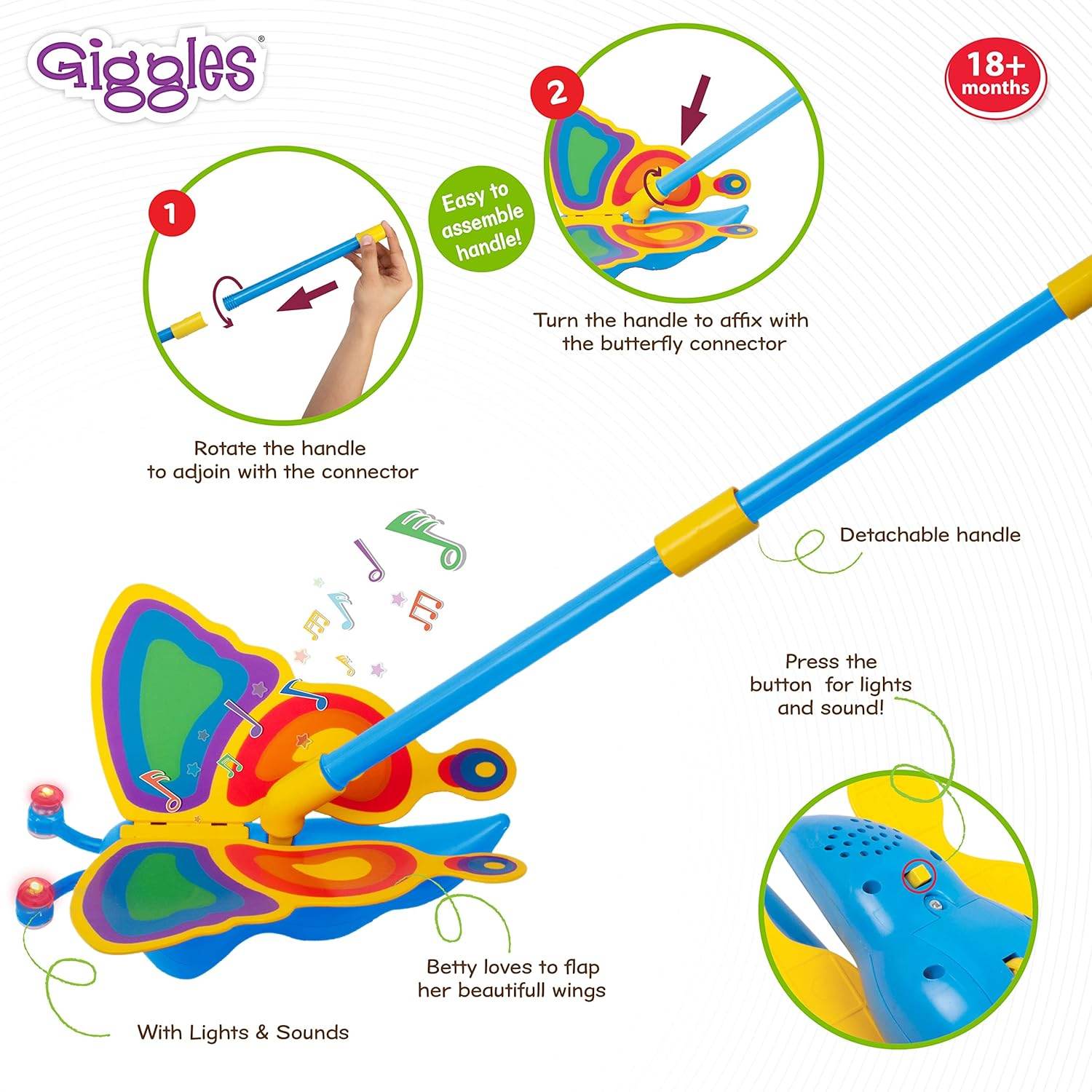 Giggles Funskool Betty The Butterfly, Educational Push Along Toys for Kids, Encourages Learning & Development, Fun Activity for Babies, Gift Set for Kid, Age 18+ Months - Timbuktoon