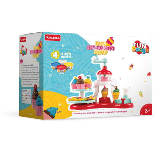 DOUGH Funskool-Fundough Playset Ice Cream Shop, Make ice-Cream with Colourful, molds and extruder, Multicolour, Dough, Toy, Shaping, Sculpting, 3 Years - Timbuktoon