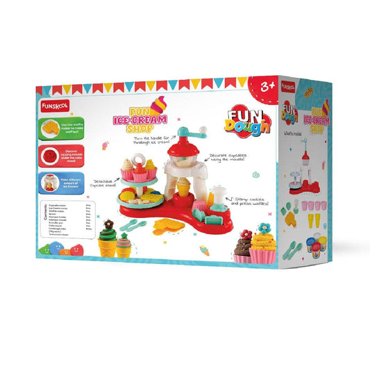 DOUGH Funskool-Fundough Playset Ice Cream Shop, Make ice-Cream with Colourful, molds and extruder, Multicolour, Dough, Toy, Shaping, Sculpting, 3 Years - Timbuktoon