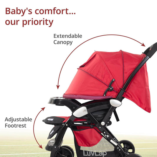 LuvLap Galaxy Baby Stroller – Soft Cushioned Seat, Multi-Level Recline, One-Hand Fold, Safety Harness (Red & Black) - Timbuktoon