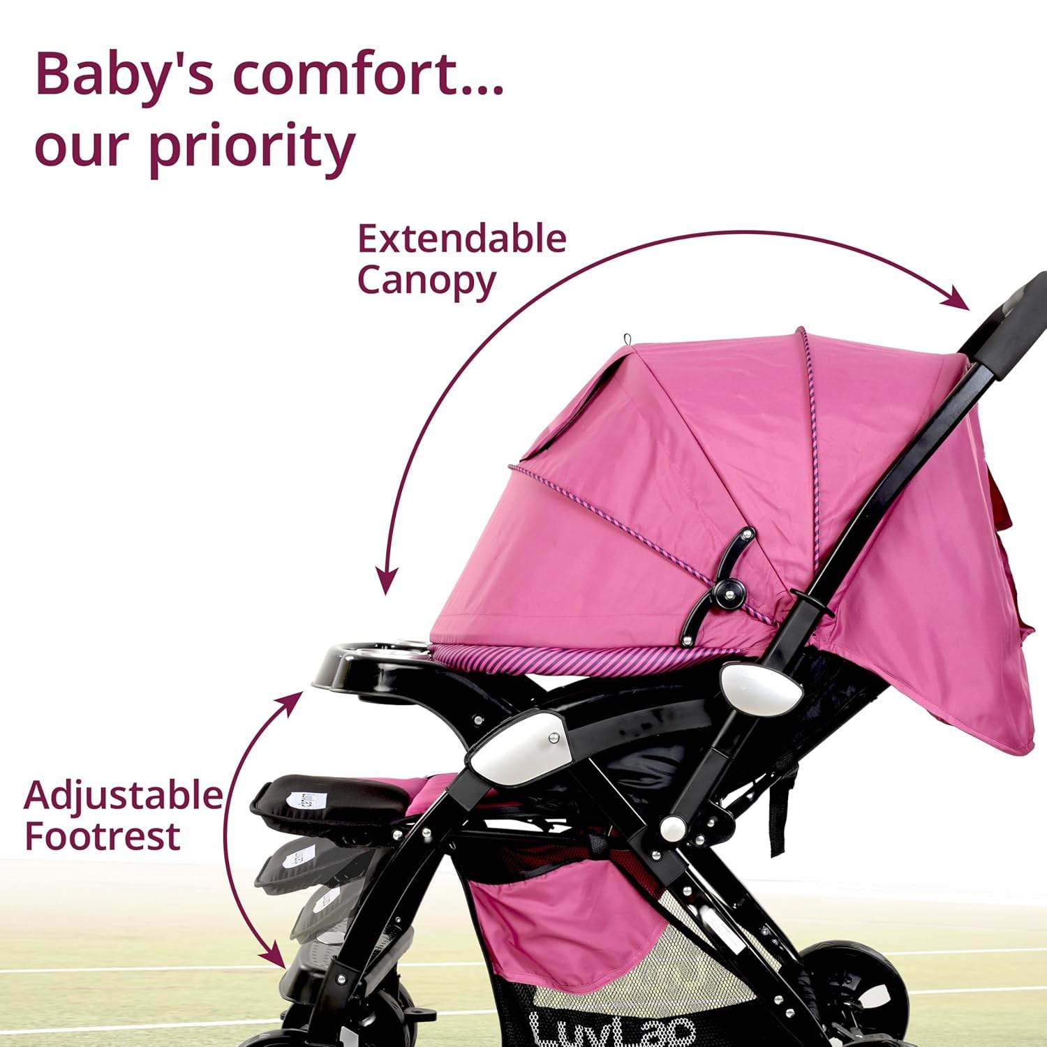 LuvLap Galaxy Infant Stroller – Soft Cushioned Seat, Multi-Level Recline & Secure Harness, Foldable Design for 0 to 3 Yrs (Pink & Black) - Timbuktoon